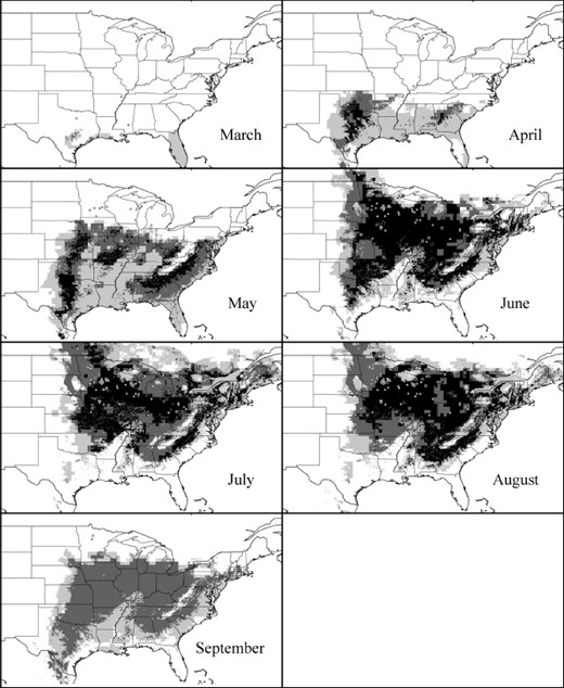 Example of predictivity among monthly ecological and geographic distributions of monarch butterflies: the ecological niche model based on June points used to predict the geographic distribution of the species in March-September. Occurrence data from the month being predicted are overlaid as dotted circles. Predictions are summarized as light gray = any of 10 best subsets models predicts presence, dark gray = ≥6 of 10 best subsets models predict presence, and black = all 10 best subsets models predict presence.